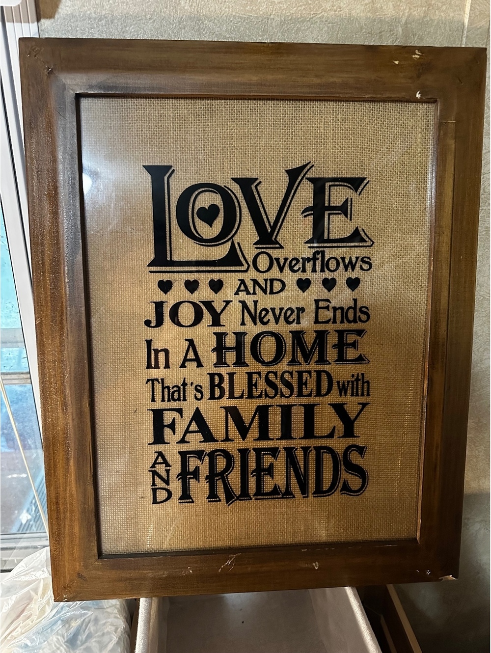 Rustic Wooden Framed Burlap Wall Sign with Inspirational Family Quote